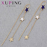 Серьги женские золотистого цвета Xuping Jewelry застёжка продёвка с синими и белыми звёздочками длина 80 мм