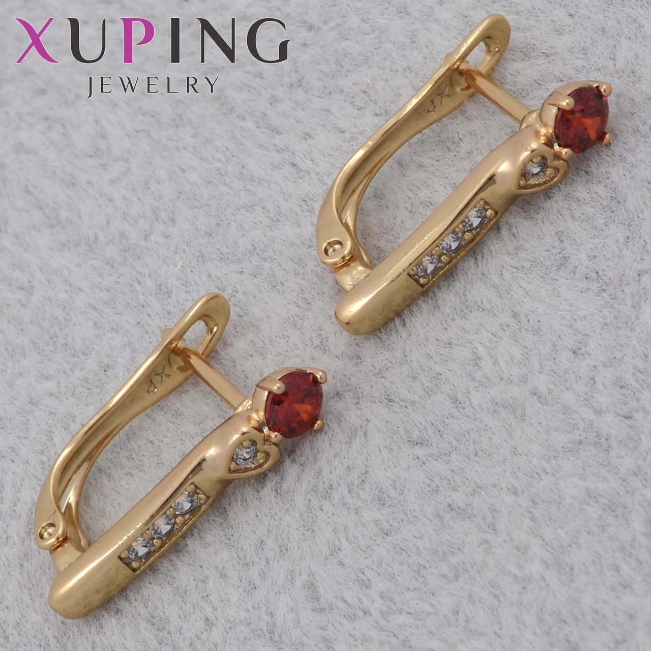 Серьги женские золотистого цвета Xuping Jewelry английская застёжка с белыми и красными стразами размер 17х3 мм