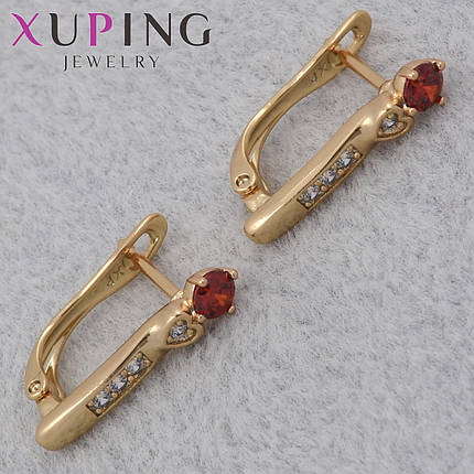 Серьги женские золотистого цвета Xuping Jewelry английская застёжка с белыми и красными стразами размер 17х3 мм, фото 1