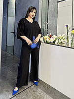 Женский костюм Блузка свободная с укороченным рукавом + Брюки широкие средней посадки черный