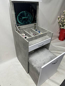 Косметичний столик трансформер 2 в 1 сірий з пуфом, дзеркалом та шухлядою