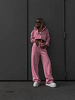 Модный трендовый повседневный женский спортивный костюм с широкими брюками и кофтой двухнитка 42-44 и 44-46 Розовый, 44/46