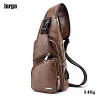 Сумка через плечо коричневая с USB кабелем, размер 34*16*10см, 4 кармана, мужская сумка, женская сумка