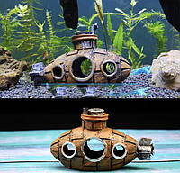 Декор для аквариума "Затонувшая подводная лодка" аквариумный пейзаж - размер 13*9*6 см, смола