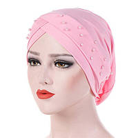 Женская эластичная шапочка-бандана (легкий тюрбан, хиджаб) декор весна-лето розовый