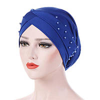 Женская эластичная шапочка-бандана (легкий тюрбан, хиджаб) декор весна-лето синий