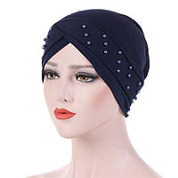Женская эластичная шапочка-бандана (легкий тюрбан, хиджаб) декор весна-лето т. синий