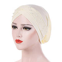 Женская эластичная шапочка-бандана (легкий тюрбан, хиджаб) декор весна-лето бежевый