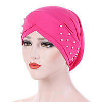 Женская эластичная шапочка-бандана (легкий тюрбан, хиджаб) декор весна-лето розово-красный