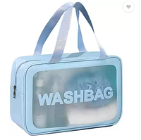 Косметичка  органайзер  для косметики голубая прозрачная из эко-кожи Washbag 31х20х12 см с ручками дорожная