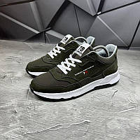 Мужские качественные удобные оливковые кроссовки с сеткой хаки,весна-лето,осень,кожа нубук/текстиль сетка