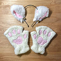 Перчатки-митенки кошачьи лапки без пальцев и обруч на голову с ушками белого цвета