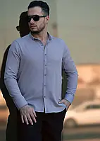 Чоловіча сорочка з дизайнерським укороченим невеликим класичним коміром, приталена слим-фіт світло-сірого