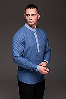 Синяя льняная рубашка мужская с длинным рукавом и воротником стойка L