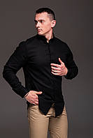 Стильная мужская льняная рубашка чёрная , воротник стойка M