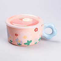 Чашка бульонница керамическая 750 мл с пластиковой крышкой "Цветок" Розовая супница миска для лапши