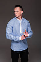 Голубая льняная рубашка мужская с длинным рукавом и воротником стойка M
