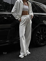 Трендовый повседневный модный женский спортивный костюм двухнитка с широкими брюками и кофтой 42-44 и 44-46 Белый, 44/46