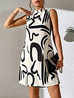 Женское повседневное белое легкое платье выше колен из софта с абстрактным принтом и воротником стойка