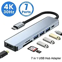 USB HUB Type-C хаб 7 в 1, HDMI + PD + SD + TF + кардридер, Док-станція MacBook