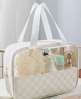 Косметичка сумка органайзер для косметики белая прозрачная эко-кожа Washbag 30х21х11 см с ручками дорожная