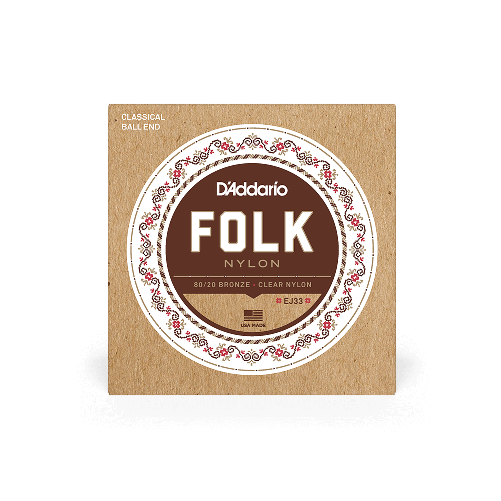 Струни для акустичної/класичної гітари D`ADDARIO EJ33 FOLK NYLON 80/20 BRONZE BALL END CLEAR TREBLE