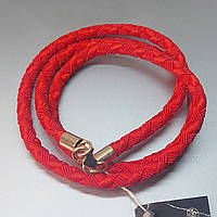 Шнурок шелковый красный с замком из золота, ширина 5 мм