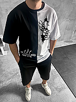 Мужской черно-белый летний спортивный костюм, комфортная футболка с модным принтом и легкие однотонные шорты
