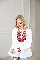 Белая женская блуза с красно-оранжевой вышивкой на груди и рукавах, Национальная украинская вышивка, L