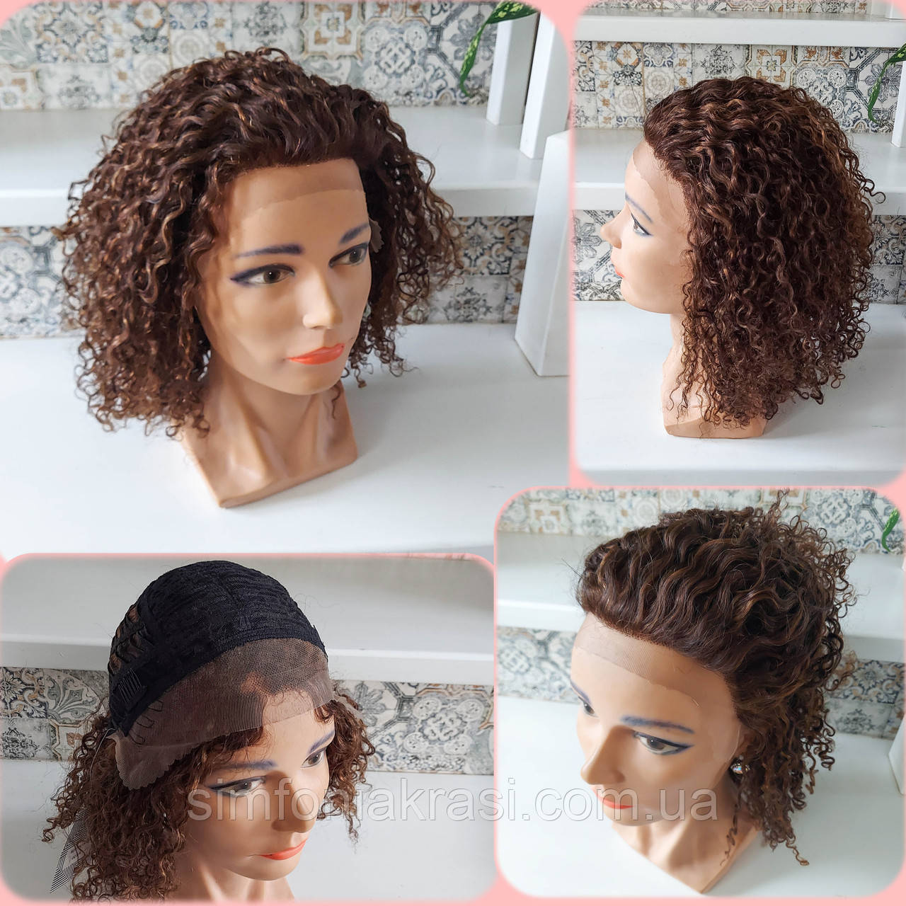 Перука кудрява з натурального волосся з моновставкою ручної роботи каштановий мікс MILEDI HH-P4/30, фото 1