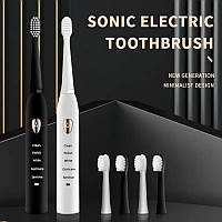 Електрична ультразвукова зубна щітка SONIC TOOTHBRUSH IPX7 на акумуляторі зі змінними насадками від USB чорний