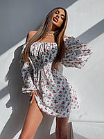 Стильное нарядное трендовое женское летнее короткое  платье в цветочек длинный рукав фонарик ткань софт Белый, 46/48