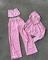 Мягкий уютный плюшевый костюм (кофта и топ на молнии+брюки высокая посадка) розовый
