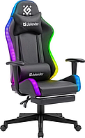 Геймерское кресло Defender Watcher полиуритановое с RGB подсветкой и подножкой (Черное) (F-S)