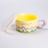 Чашка бульйонниця керамічна 750 мл з пластиковою кришкою "Квітка" Жовта супниця миска для локшини, фото 3