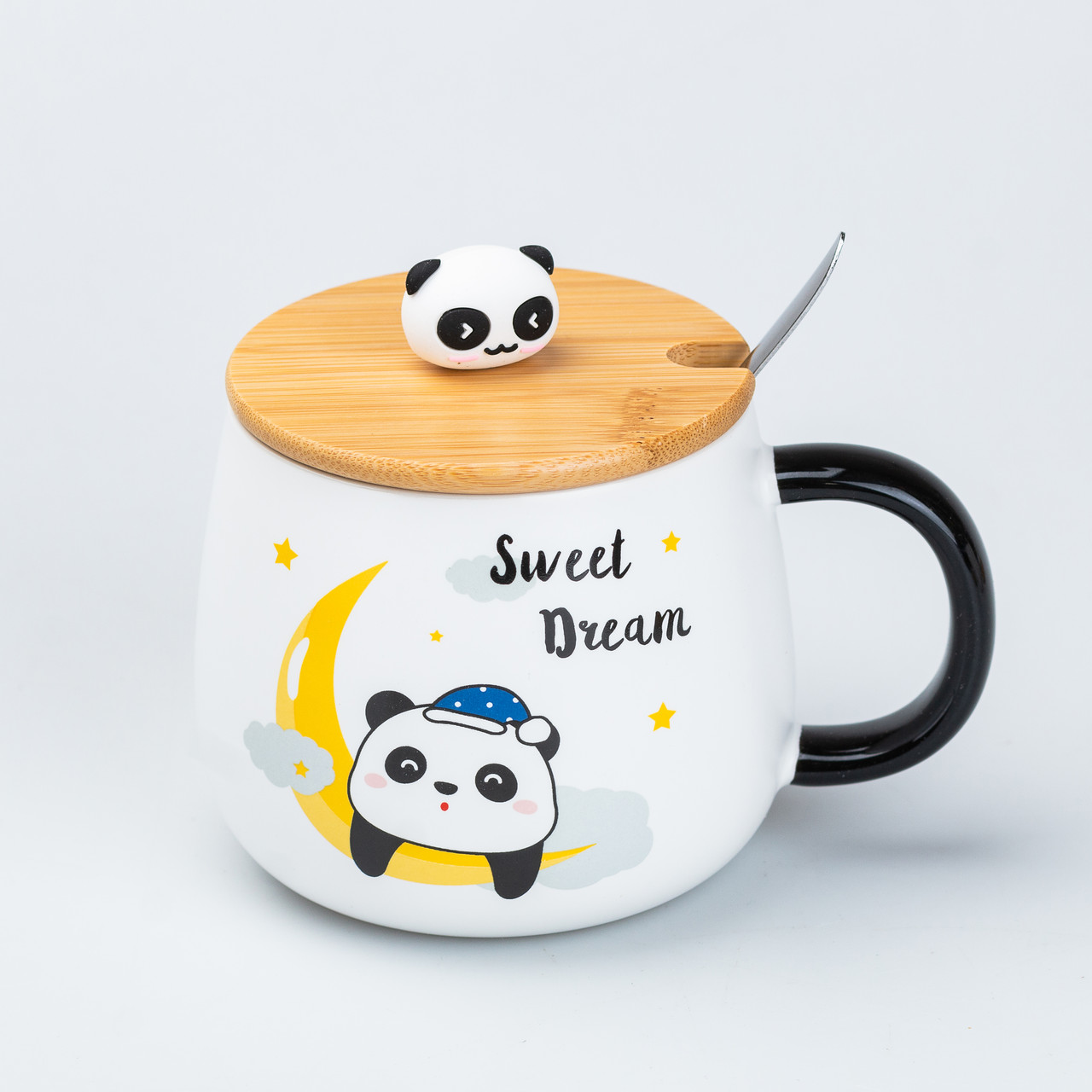 Чашка 450 мл з бамбуковою кришкою та ложкою керамічна Панда "Smeet Dream"