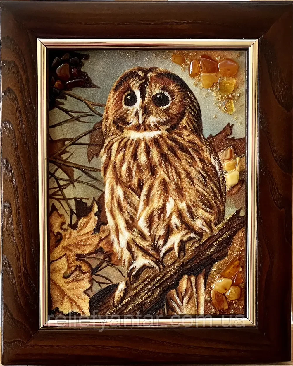 Картина з бурштину "Сова на гілці" 20*30 см, фото 1
