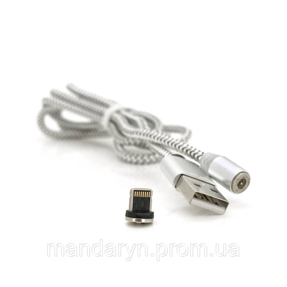 Магнитный кабель PiPo USB 2.0/Lighting, 1m, 2А, тканевая оплетка, бронированный, съемник, Silver, BOX b - фото 1 - id-p2062941791