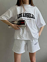 Трендовый женский стильный летний спортивный костюм оверсайз футболка свободного кроя с принтом + шорты 42-46