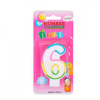 Свічка цифра 6 кольорова 6см з блискітками 636237 G-Rich