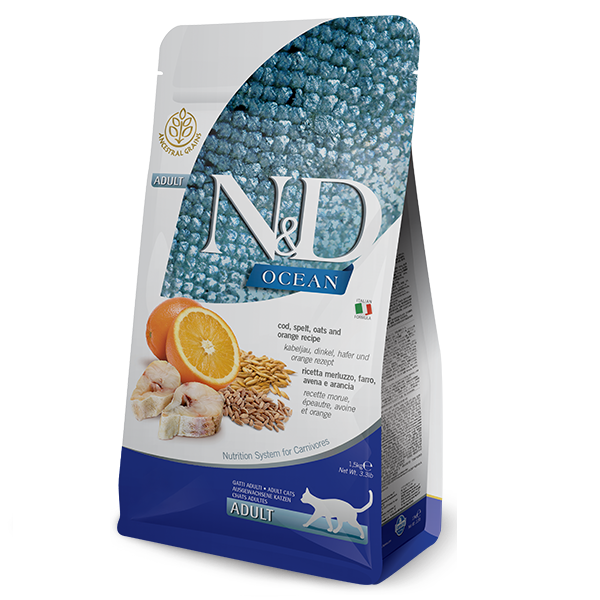 Сухий корм для дорослих кішок із тріскою Farmina N&D Ocean Ancestral Cod, Spelt, Oats & Orange Adult 10 кг