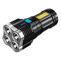 Мощный аккумуляторный фонарь X509/S03-4LED+COB з/у USB-micro,Черный, ABS пластик