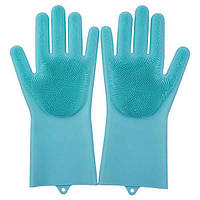 Силіконові рукавички для миття та чищення Magic Silicone Gloves з ворсом Блакитні