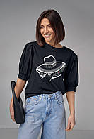 Жіноча футболка з рукавами-ліхтариками та принтом капелюшки — чорний колір, L (є розміри) dl