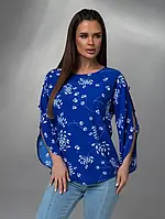 Синяя принтованная блуза с разрезами на рукавах размер XL