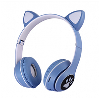 Беспроводные детские наушники с кошачьими ушками и RGB подсветкой синие FM радио micro SD Cat MZ-023