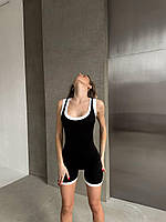 Женский модный стильный базовый спортивный обтягивающий черный короткий комбинезон без рукава с микродайвинга
