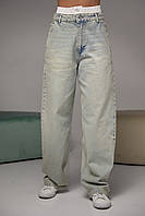 Женские трендовые джинсы wide leg свободного кроя с двойным поясом - голубой цвет, Джинс, с потертостями,