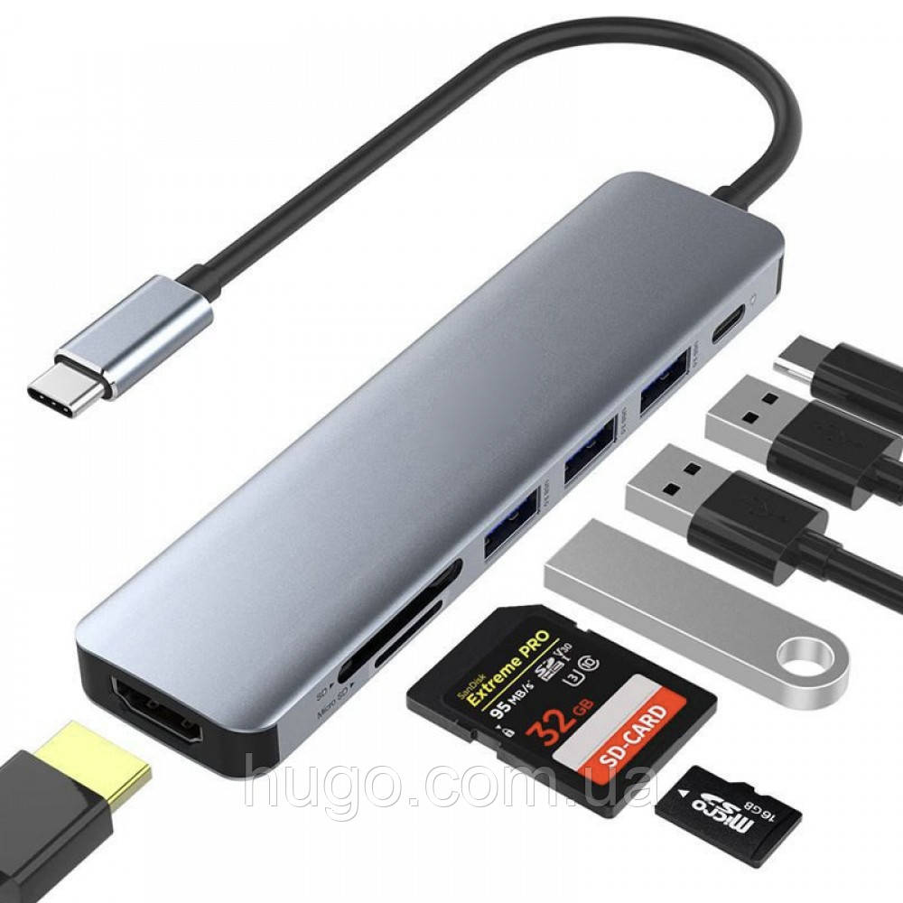 USB хаб 7в1, Type-C to HDMI+SD+TF+3хUSB +PD / Мультифункціональний юсб ...