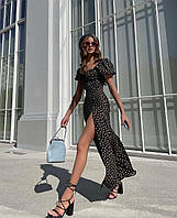 Женское длинное летнее платье сарафан с разрезом по ноге в цветочный принт 42/44, Черный